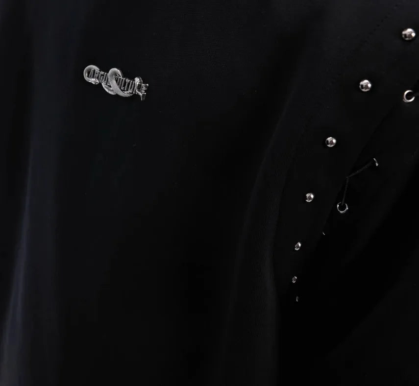 Women's short sleeve top with side lace-up detail and geometric cutouts in black colour