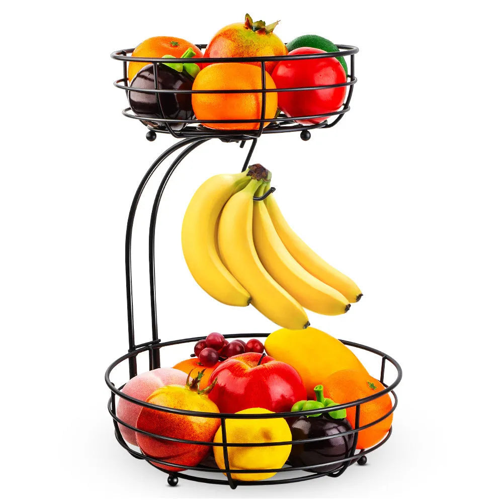 Black and gold double-layer wrought iron fruit and vegetable storage basket for commercial kitchens