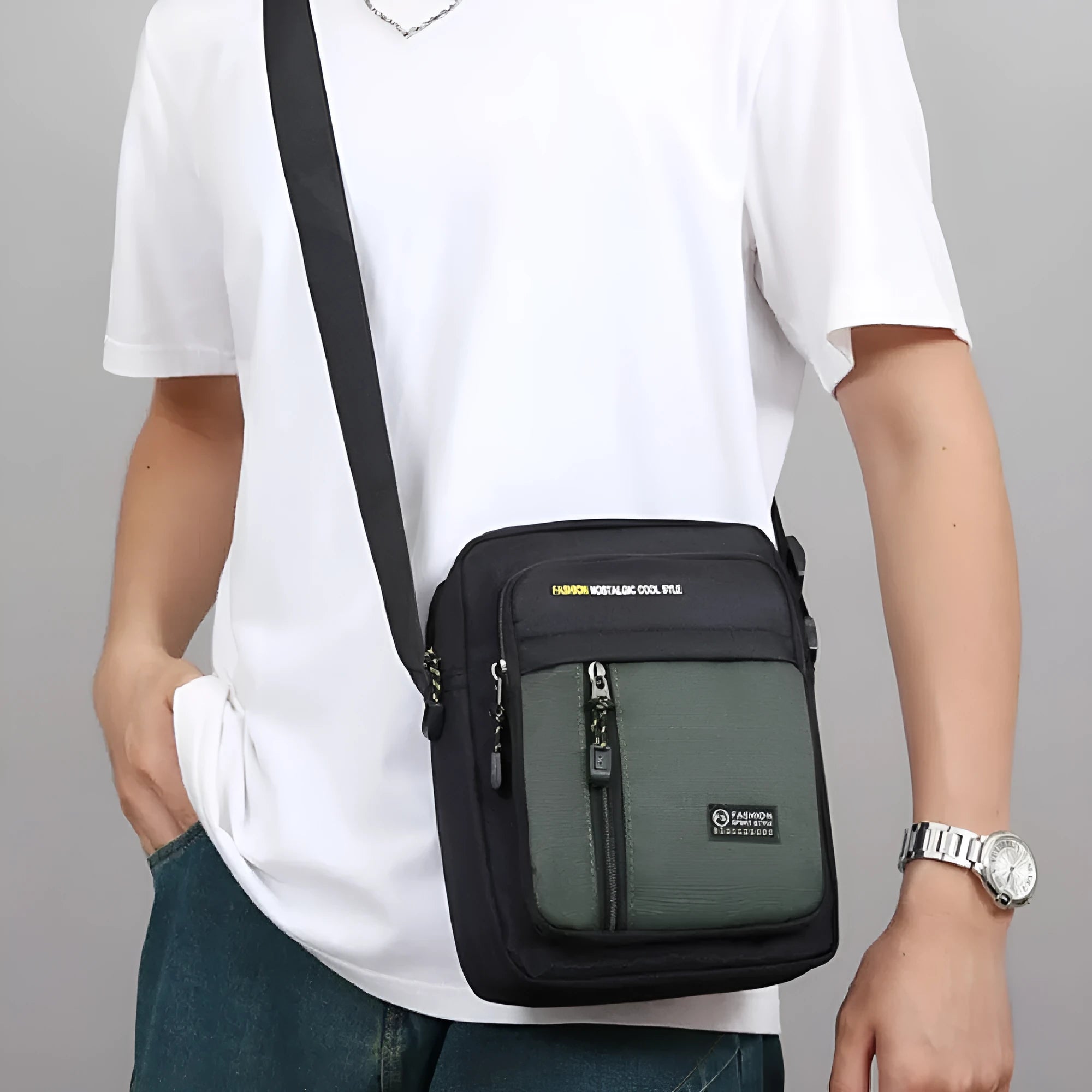Men's nylon crossbody messenger bag with sewing thread detailing in black, blue, green, or grey.