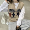 Loose-fit sleeveless cardigan with diamond plaid pattern in khaki, shown front view