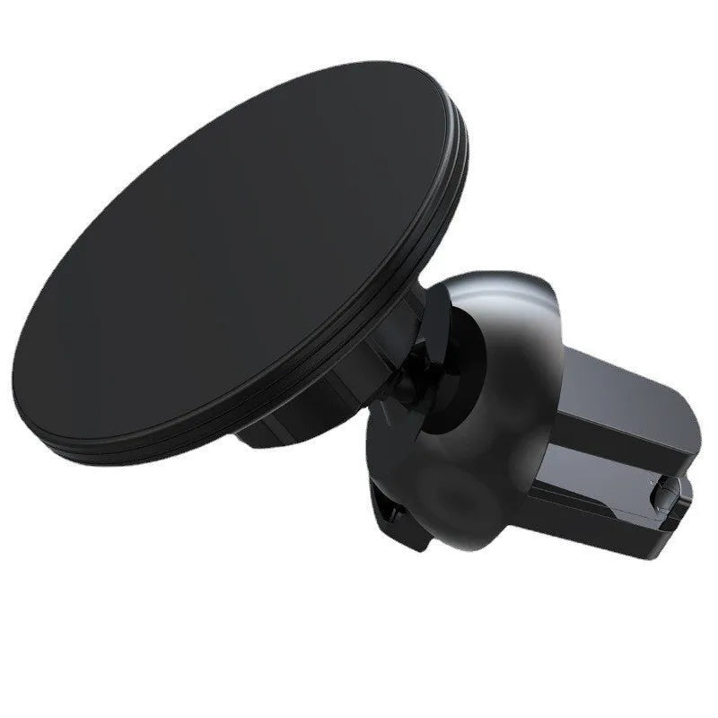 Black aluminium magnetic car phone holder clipped to car air vent