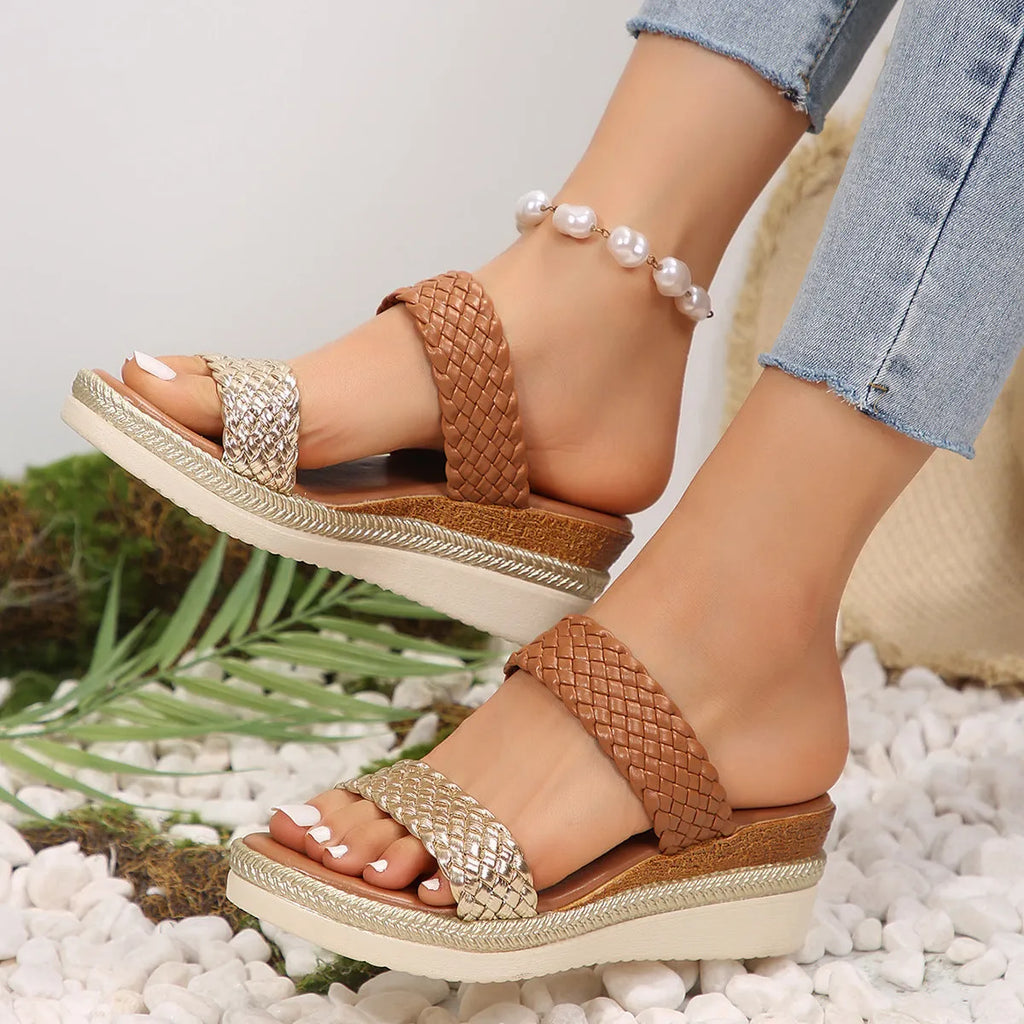 Women's gold wedge sandals with adjustable back strap and rubber sole for plus size feet