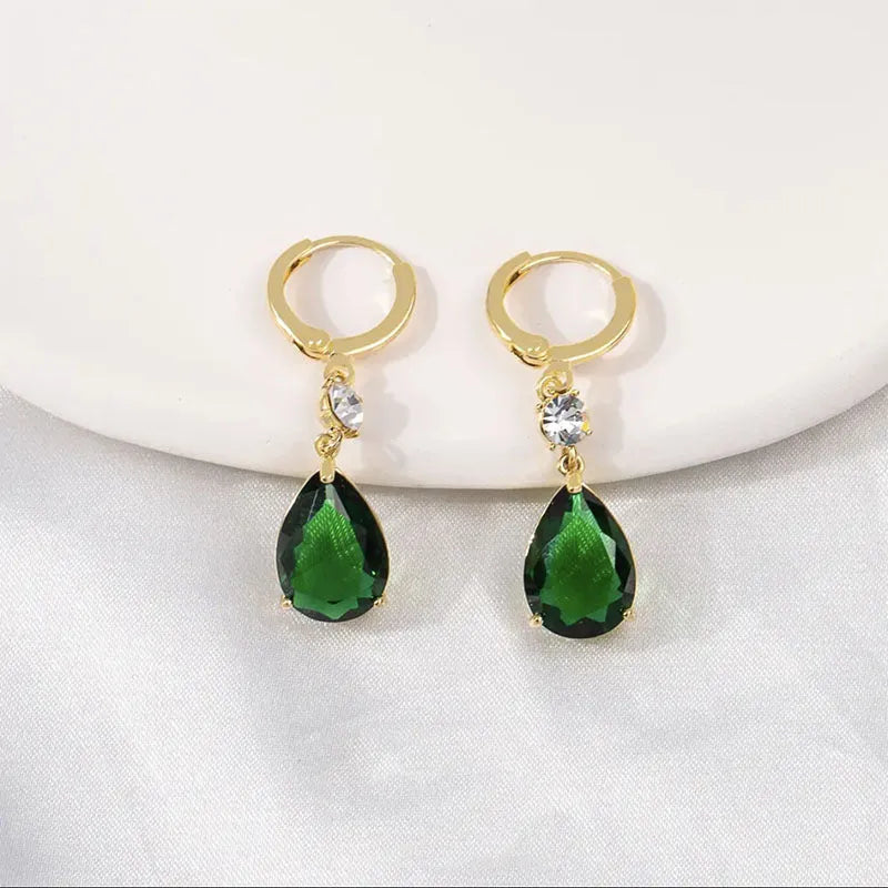 Geometric green alloy teardrop drop earrings with emerald colour and lightweight construction