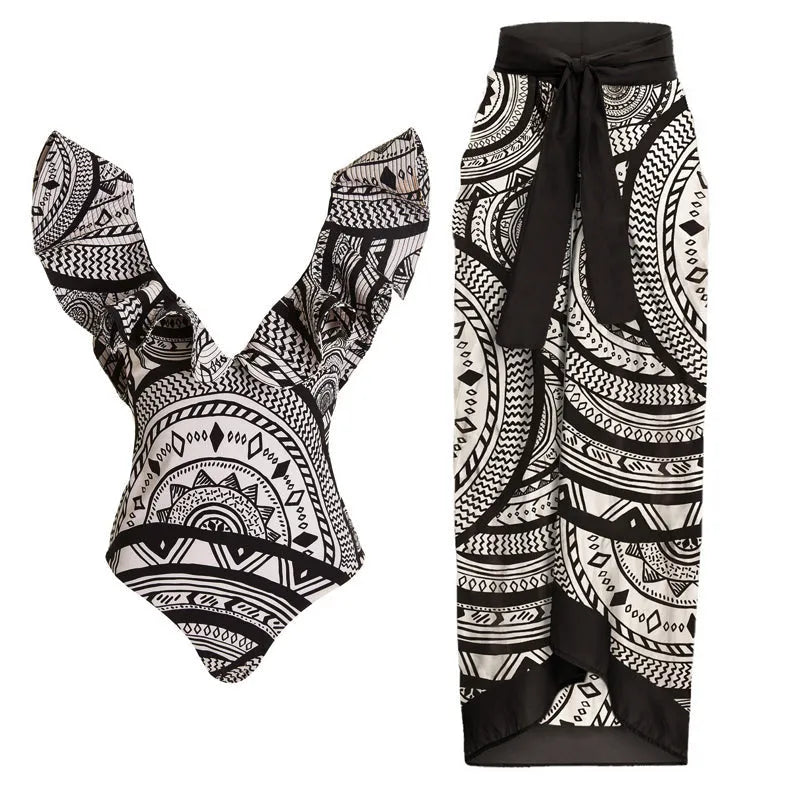 Vintage printed deep V-neck one-piece swimsuit for women with ruffle trim and matching wrap skirt.