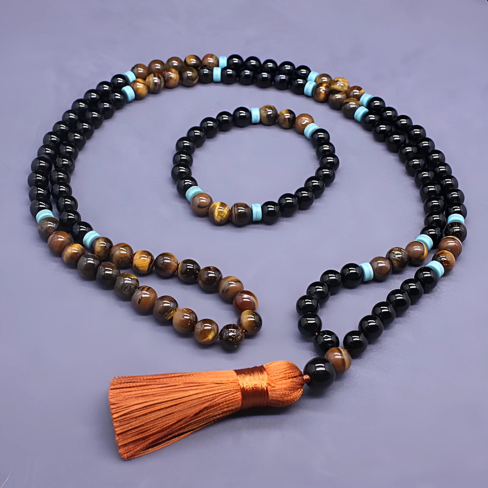 Black agate bracelet and necklace set with tiger eye stone geometric jewellery pieces