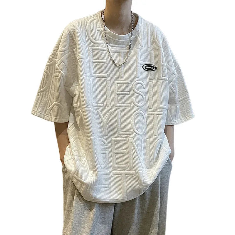 Men's black retro t-shirt with three-dimensional white letter design, loose fit short sleeve styling