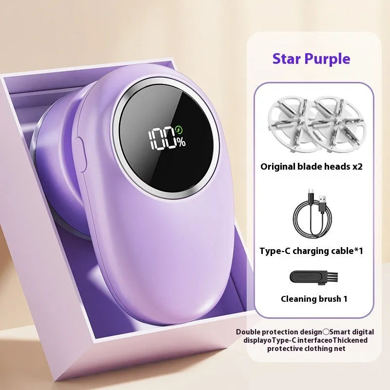 Beige and purple electric fur ball trimmer lint rollers with digital display and rotating cutter heads on a fabric surface.