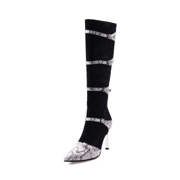 Women's black knee-high boots with high heel and velvet lining