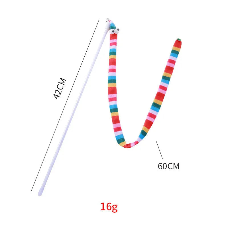 Cat wand toy with long plush strip teaser on a polycarbonate pole, shown in vibrant colours