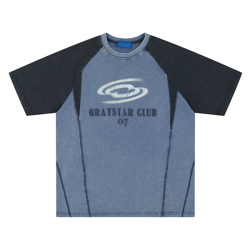 Men's blue hip hop letter print cotton t-shirt with raglan sleeves