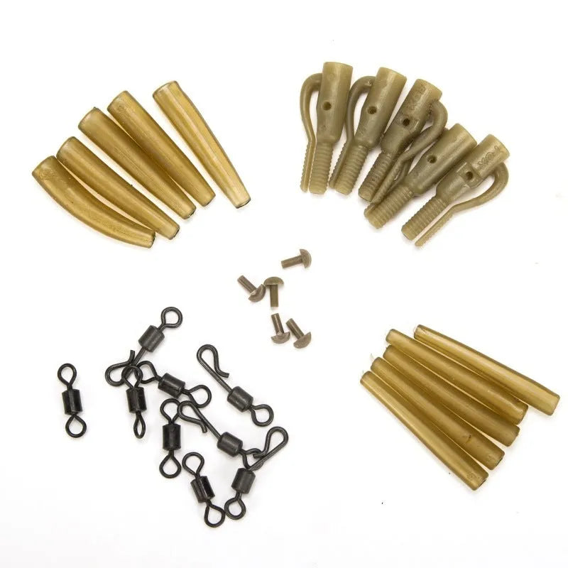 30-piece European carp fishing accessory set showing anti-winding pipes, threaded hoses, rotation connectors and screws
