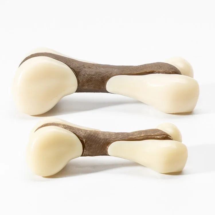 Cowhide and nylon bone-shaped dog chew toy in small and large size options