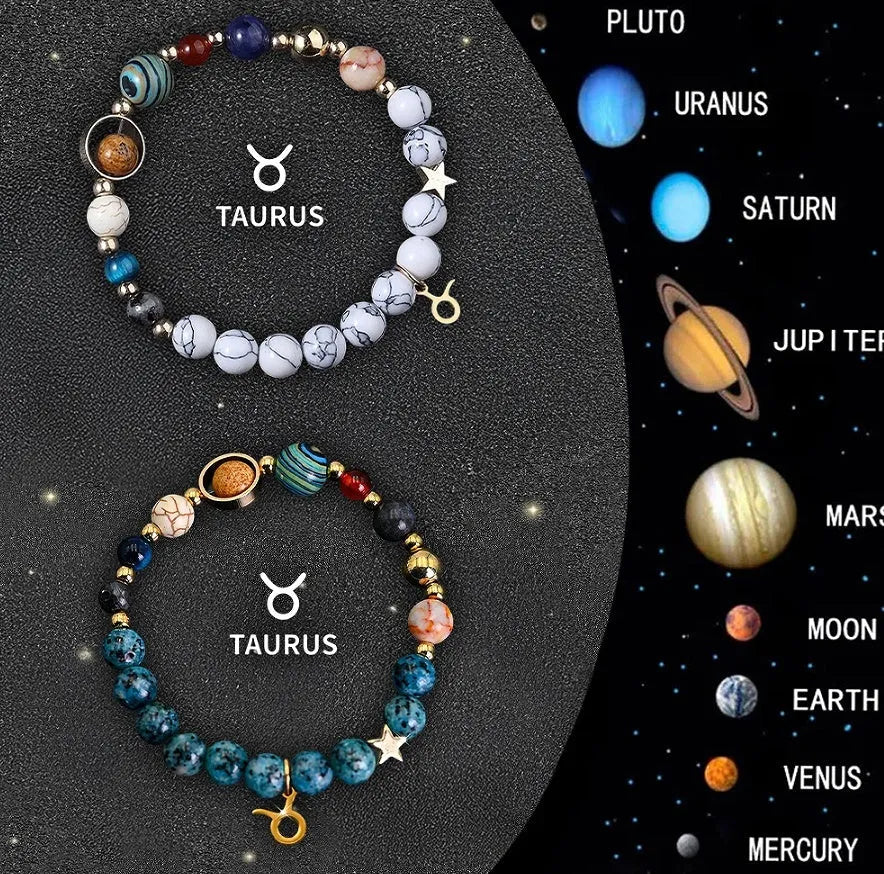 Set of twelve natural stone beaded bracelets for each zodiac sign arranged together.