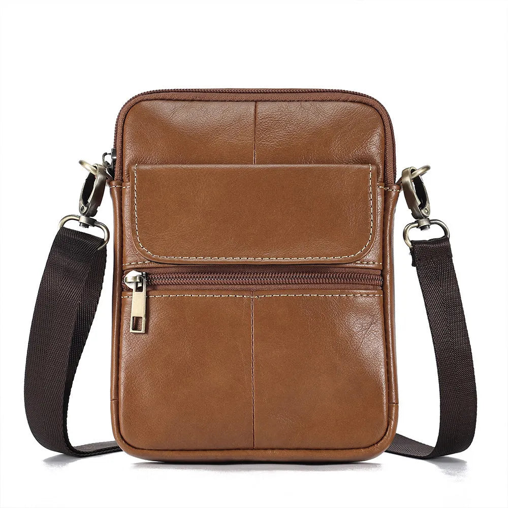 Men's brown leather crossbody shoulder bag with sewing line details and polyester cotton lining