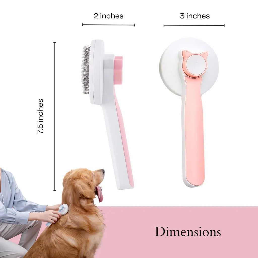 Blue self-cleaning pet grooming brush with ergonomic rubber handle on a white background