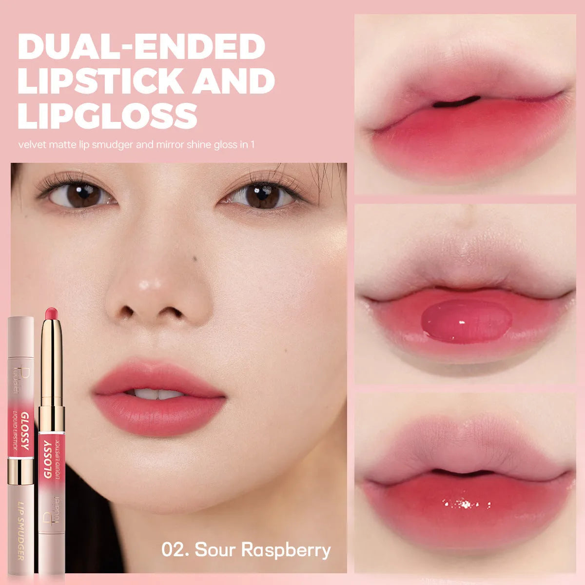 Double-headed lipstick and lip gloss product showing matte and glossy ends in one of ten available colours