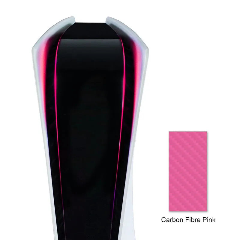 PS5 light bar sticker in carbon fibre pattern showing pink, red, gold, and blue colour options.