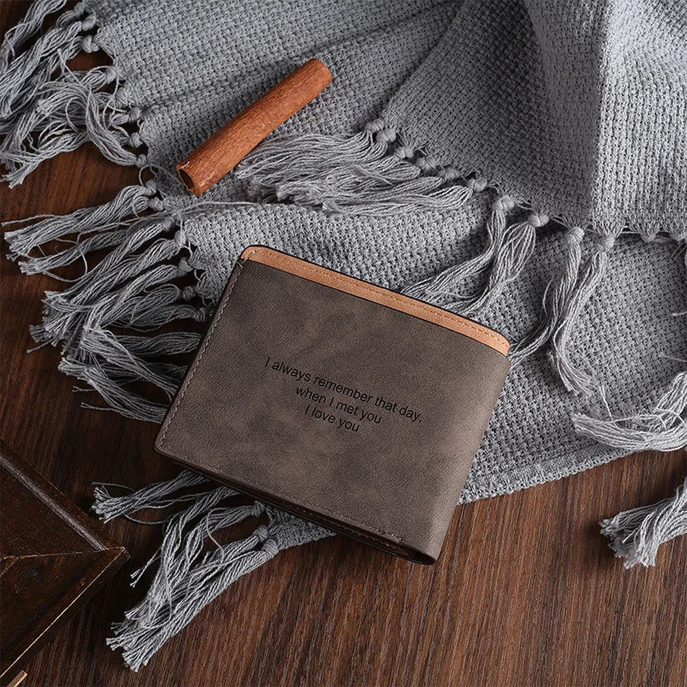 Coffee coloured engraved horizontal short wallet with photo personalisation