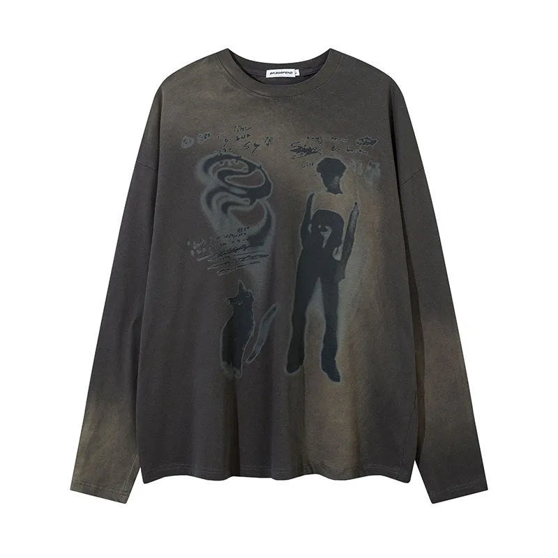Women's loose fit cotton top with letter pattern and drop shoulder sleeves in dark grey