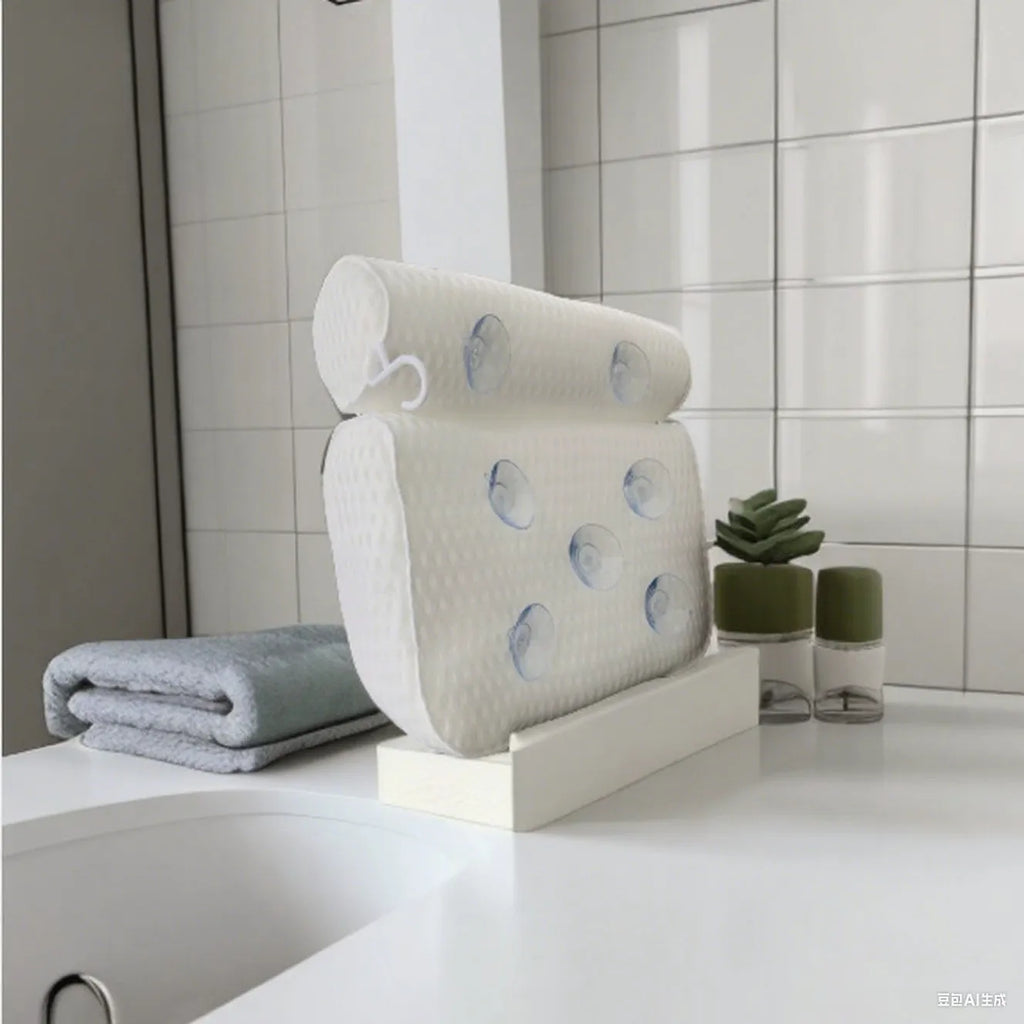 White 4D mesh bathtub pillow with suction cups, shown on bathtub edge.