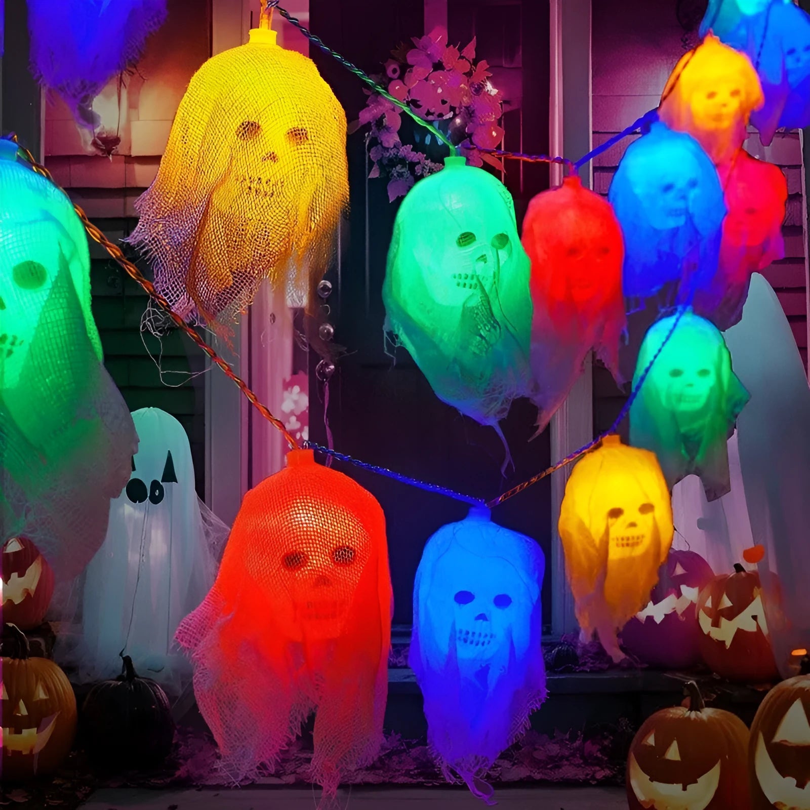 Halloween battery-powered LED coloured string lights for indoor wall decoration showing colour and warm white options