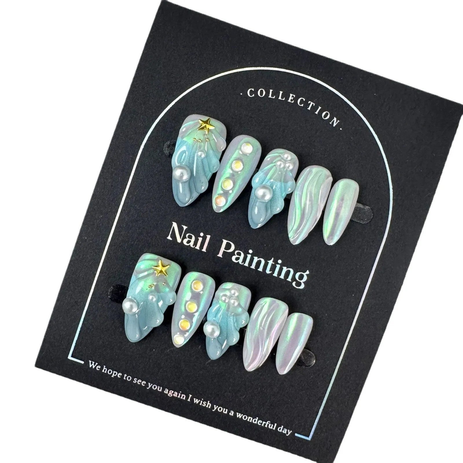 Hailang blue shell design artificial nail tips showing texture and four size options