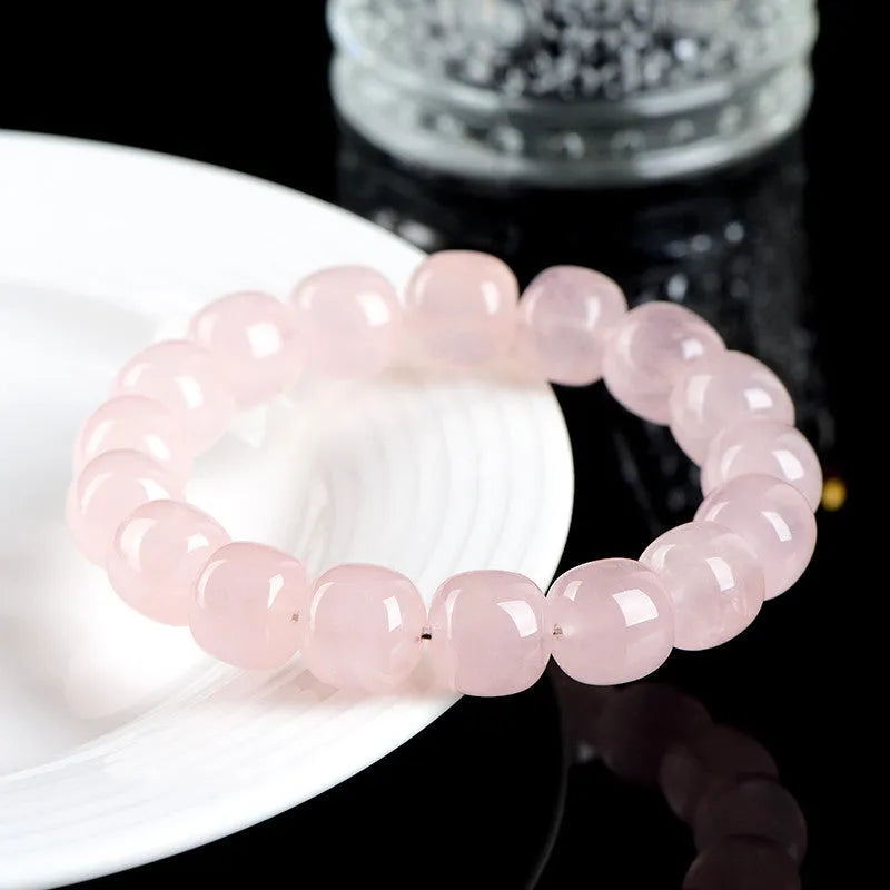 Pink bamboo crystal barrel bead bracelet with 11-12mm geometric beads and unisex design