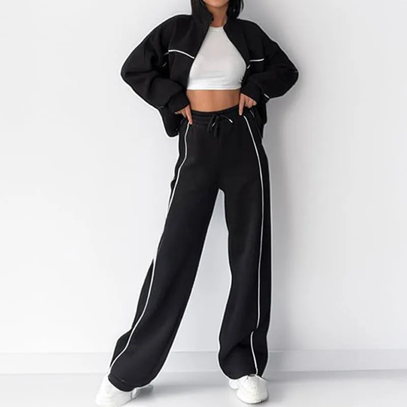 Casual polyester suit set with mock neck hoodie and lace-up striped trousers in six colour options