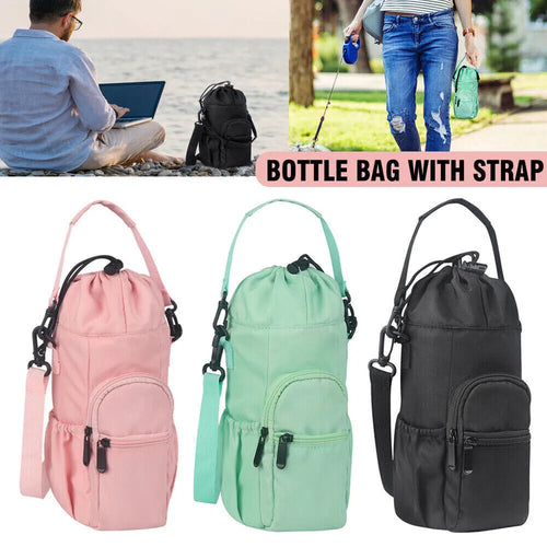 Canvas water bottle shoulder bag with crossbody strap in black, green, and pink colour options