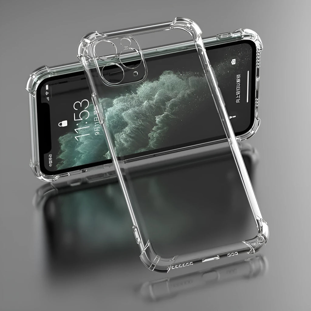Transparent shockproof TPU phone case for Apple iPhone models showing clear back and sides.