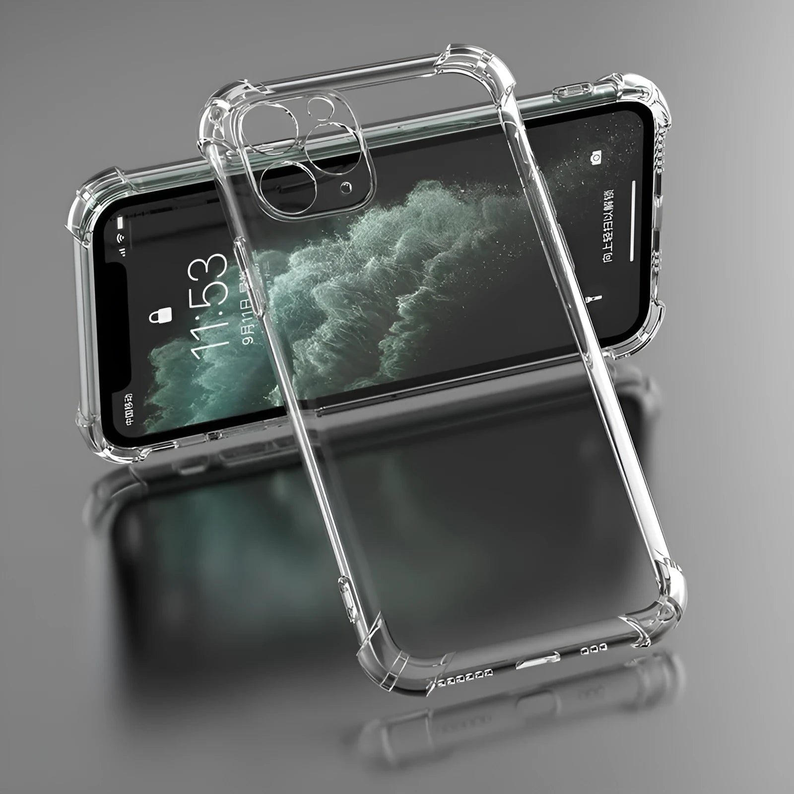 Transparent shockproof TPU phone case for Apple iPhone models showing clear back and sides.
