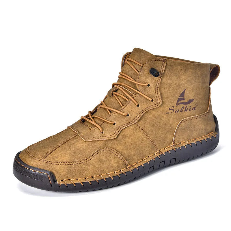 Retro high-top casual boots in artificial PU leather with frosted finish, round toe, and elastic band.