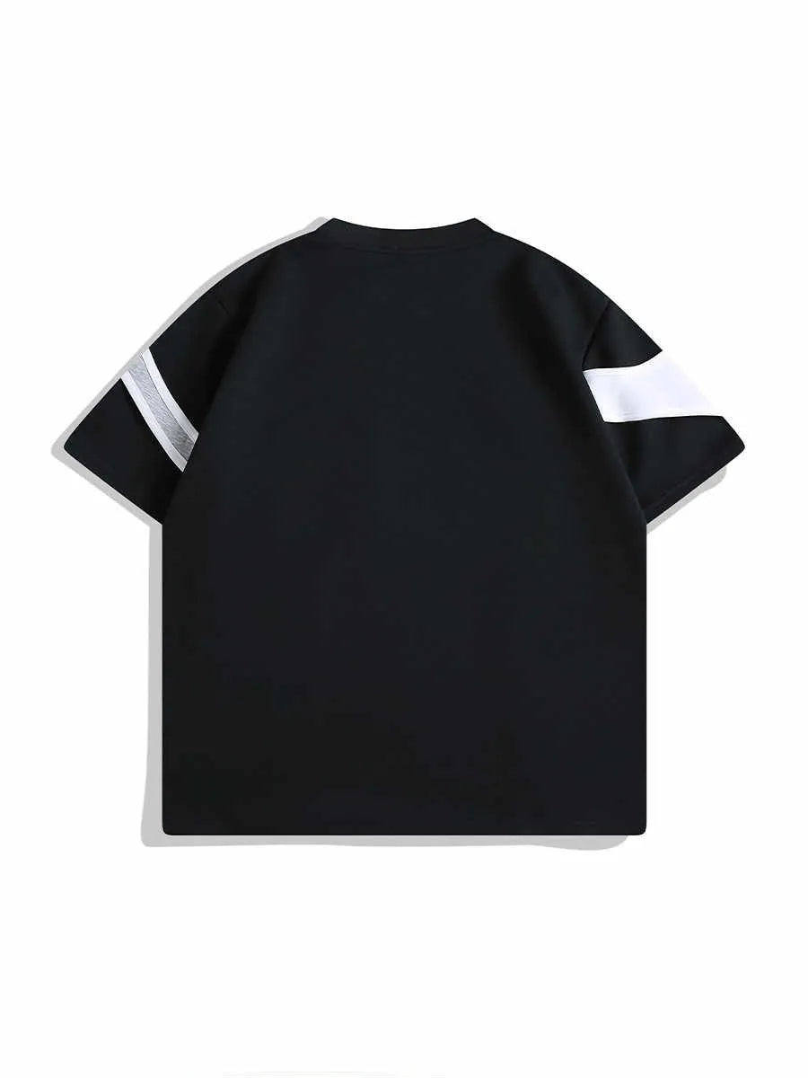 Man's black loose-fit T-shirt with short sleeves, round neck, and padded shoulder straps.