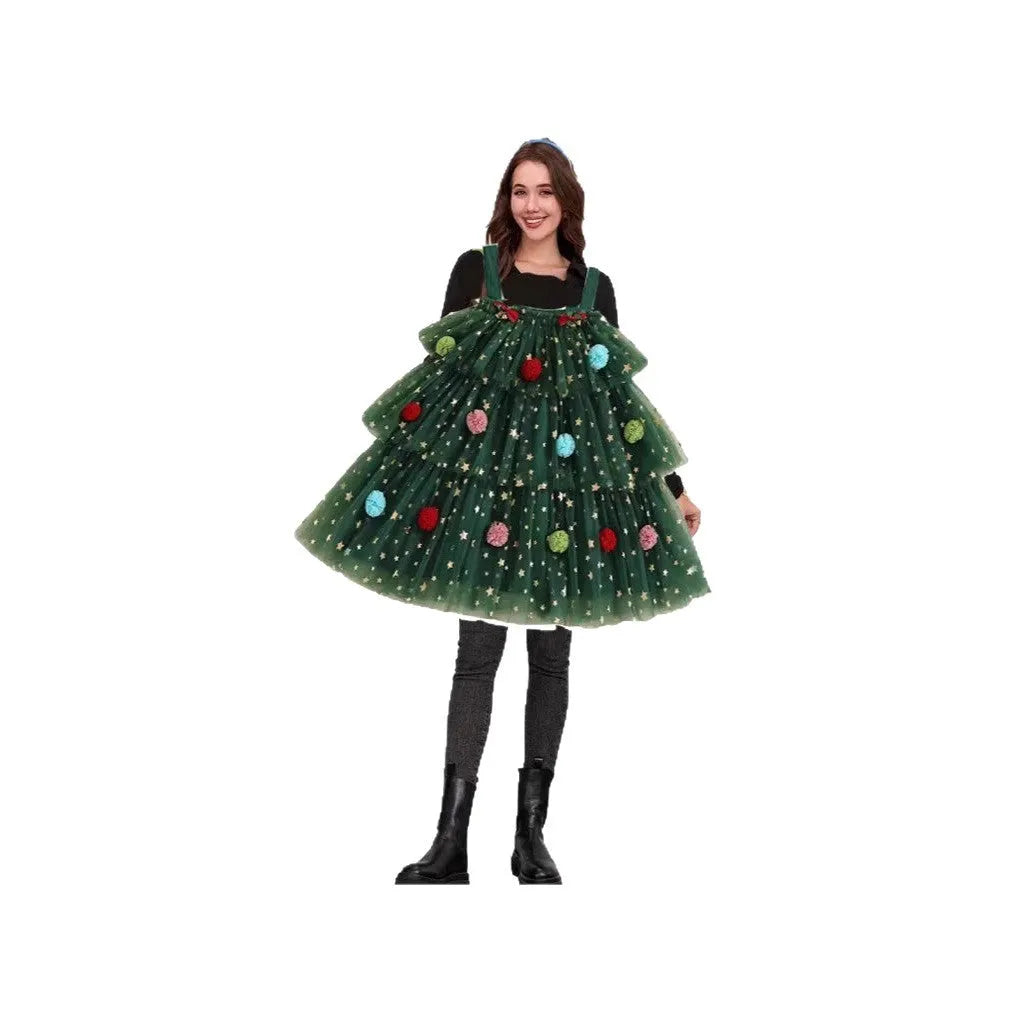 Green mesh polka dot Christmas tree pattern tiered party dress with colourful ball decorations and suspenders.