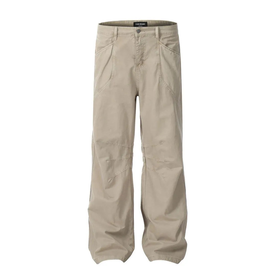 Men's brown loose straight-leg trousers with high waist and wide leg opening