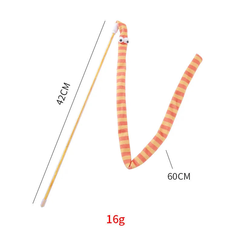 Cat wand toy with long plush strip teaser on a polycarbonate pole, shown in vibrant colours