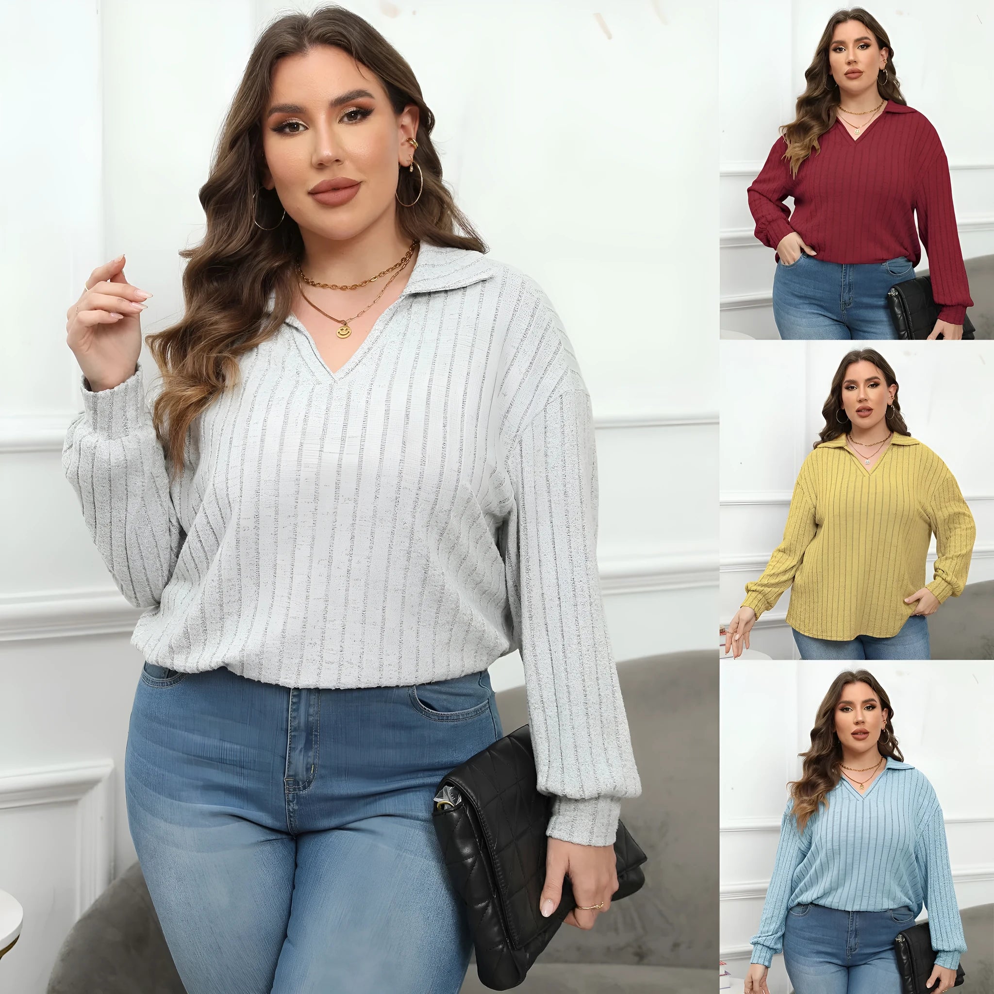 Women's plus size gray polo collar fleece shirt with lantern sleeves on a hanger