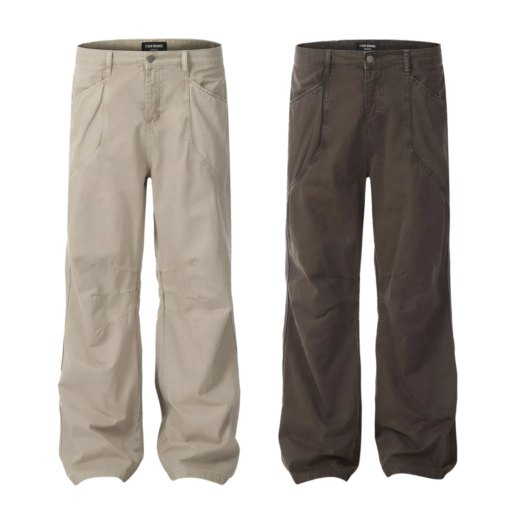 Men's brown loose straight-leg trousers with high waist and wide leg opening