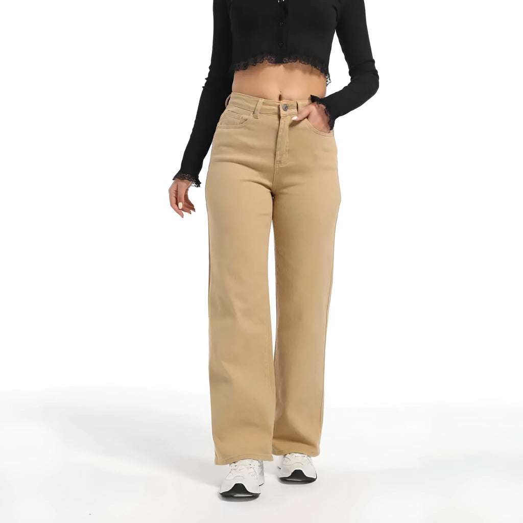 Women's high-waisted apricot wide-leg straight jeans made from elasticated cotton.
