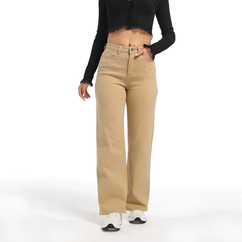 Women's high-waisted apricot wide-leg straight jeans made from elasticated cotton.