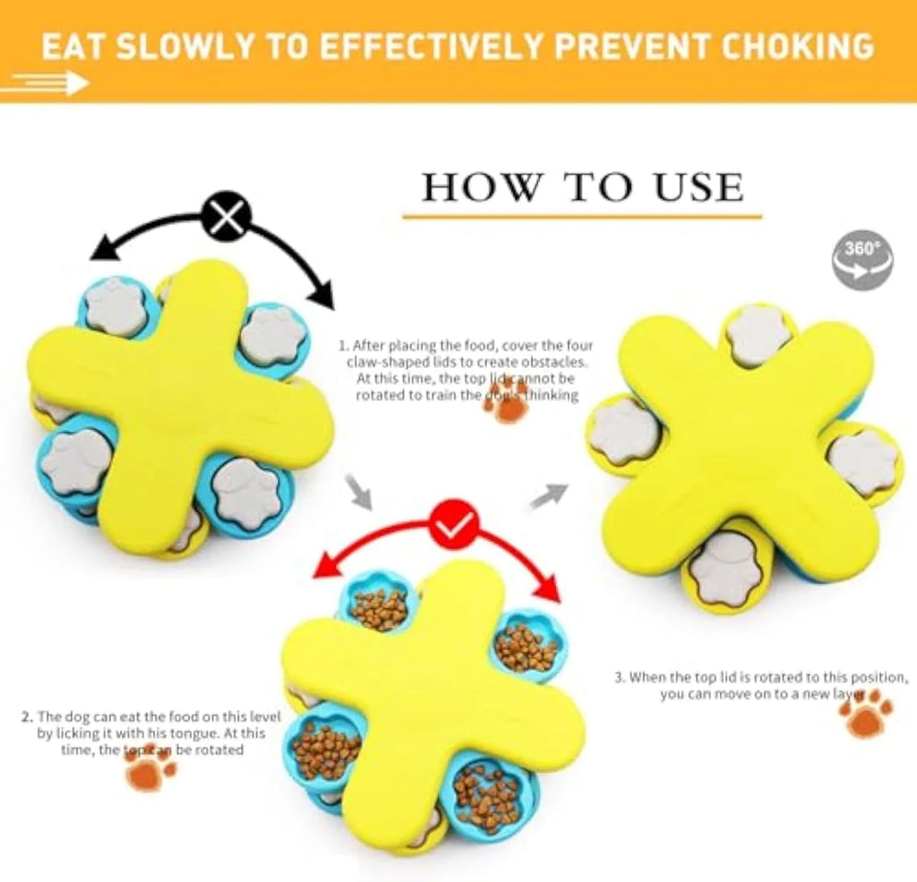 Yellow three-layer rotating dog puzzle feeder with claw-shaped lids and anti-slip rubber pads
