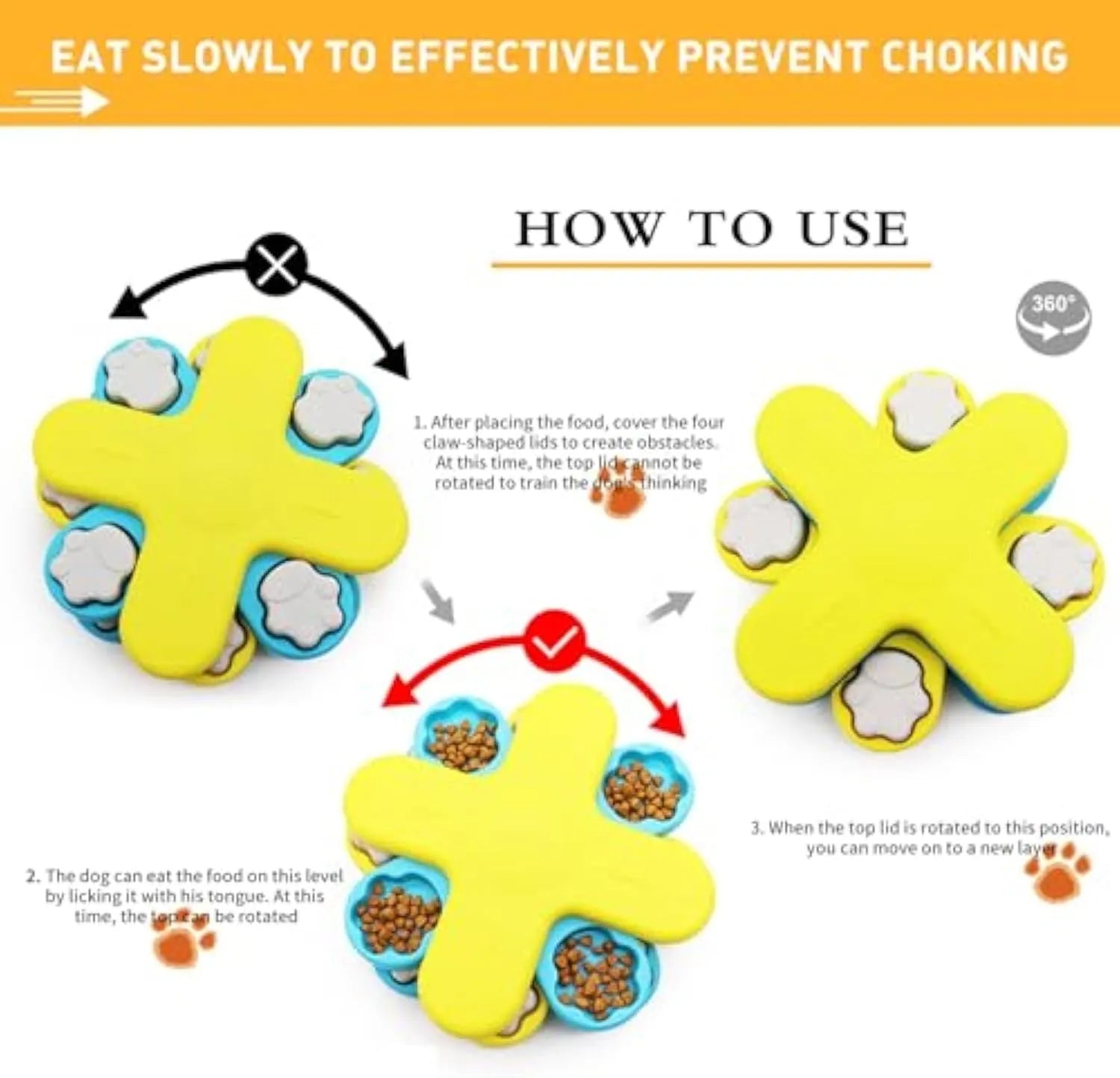 Yellow three-layer rotating dog puzzle feeder with claw-shaped lids and anti-slip rubber pads
