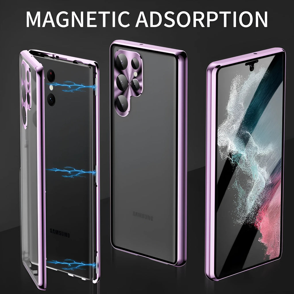 Black metal magnetic phone case with mirror for Samsung Galaxy S24 Ultra on a table.