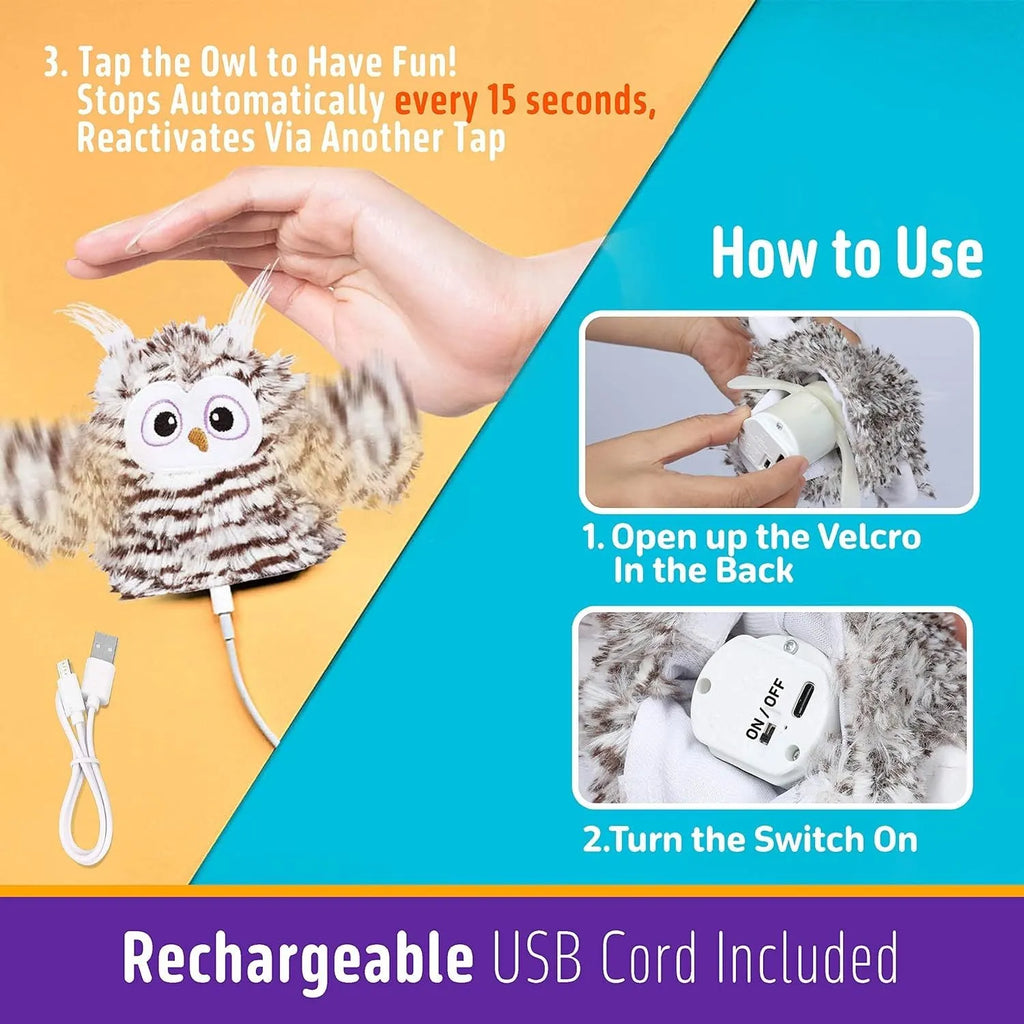 Grey interactive owl cat toy with flapping wings, 10x14cm rechargeable electronic toy for indoor cats