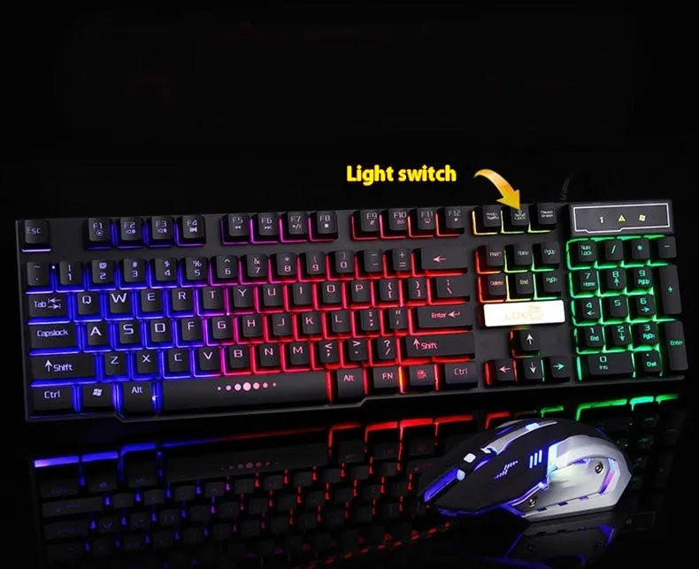 Mechanical gaming keyboard with RGB backlighting showing blue switches and braided USB cable