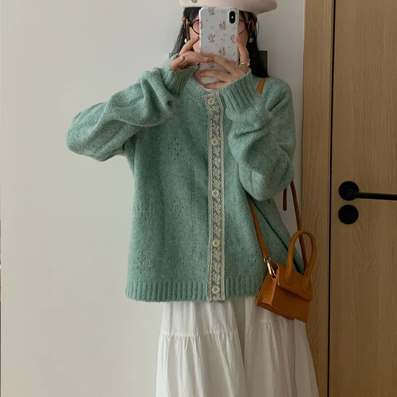 Loose retro-style Korean knitwear cardigan coat in apricot colour
