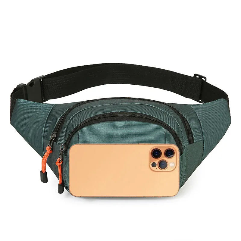 Large waterproof nylon slanted chest bag shown in available colours: black, grey, blue, green.