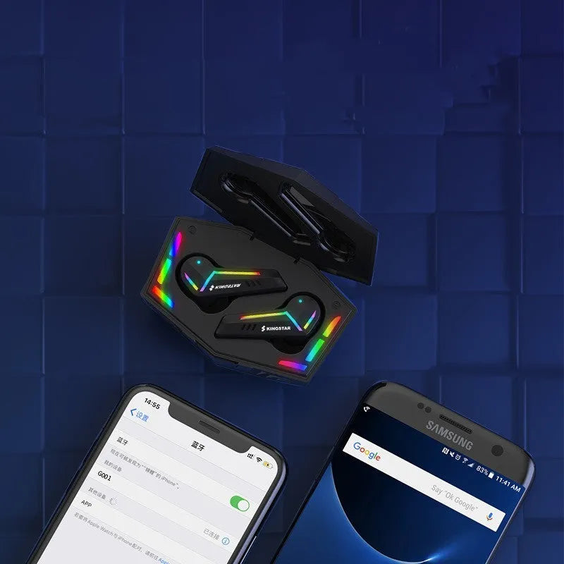 Black TWS Bluetooth sports headset with low latency gaming and NFC connectivity features.
