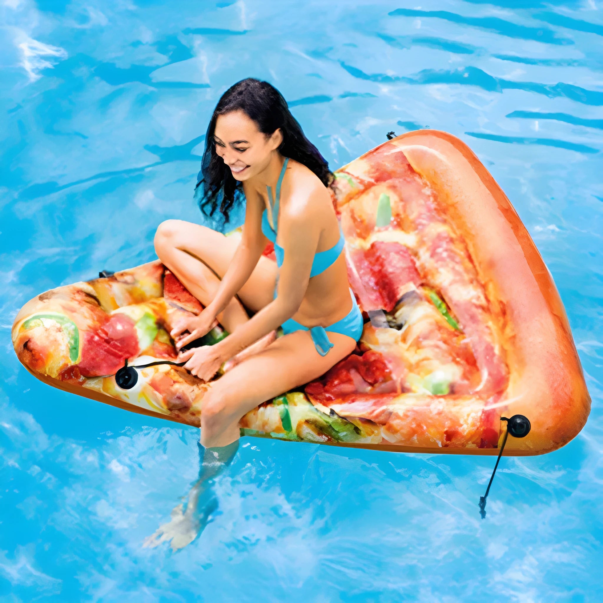 Inflatable pizza float surfboard recliner measuring 175cm by 145cm with colourful slice design