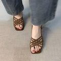 Retro artificial PU leather cross-strap high heel sandals with ankle buckle and square toe